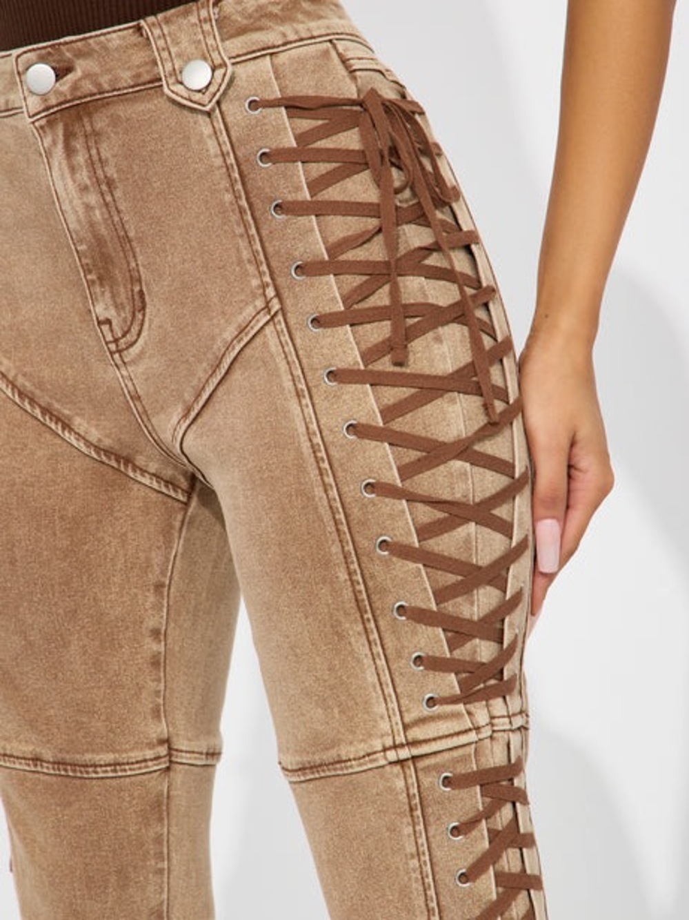 Fashion Nova Khaki Lace-Up Flare Pants - Picture 2 of 7